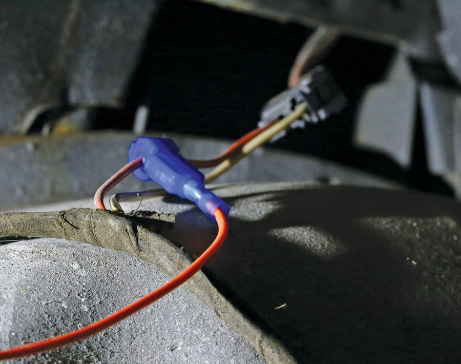 Splice orange constant-power wire into constant-power source in trunk with supplied T-tap. We’re almost there… 