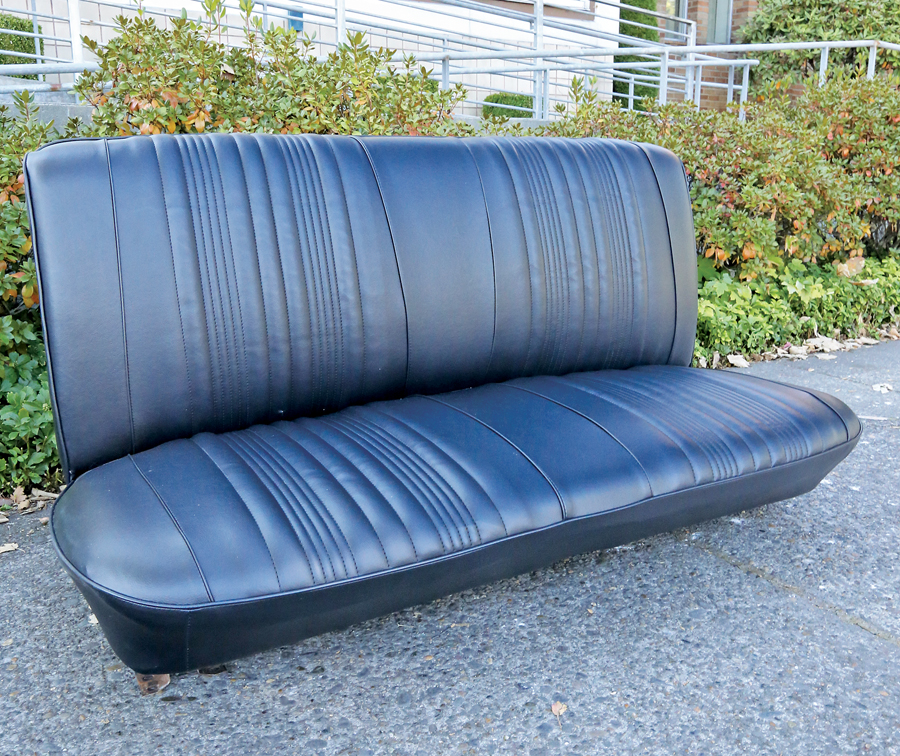 Here’s our finished product, now firm, even and comfortable. The last few wrinkles are easily taken care of by setting the seat in the sun, letting it heat up, and wiping it down with a cold, damp rag to shrink the vinyl. 