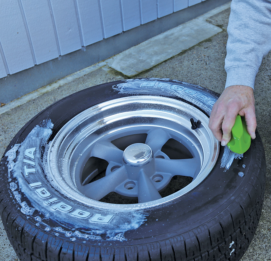 A little soap and water makes quick work of the blue preservative that protects the BFG white letters. Taking the time to clean each wheel also gives you a chance to inspect each one for any issues before you mount them on the car.